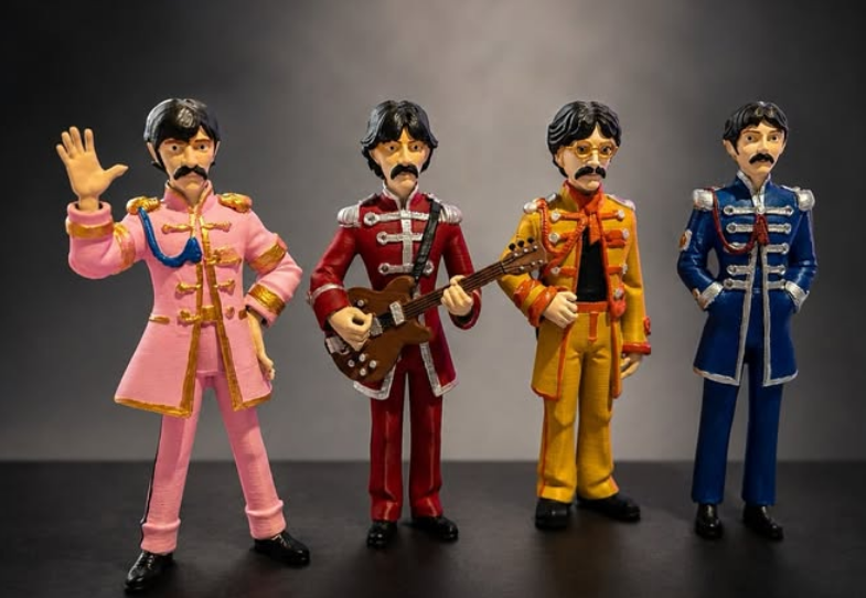 Quatro miniaturas de músicos com figurinos coloridos e uma guitarra
