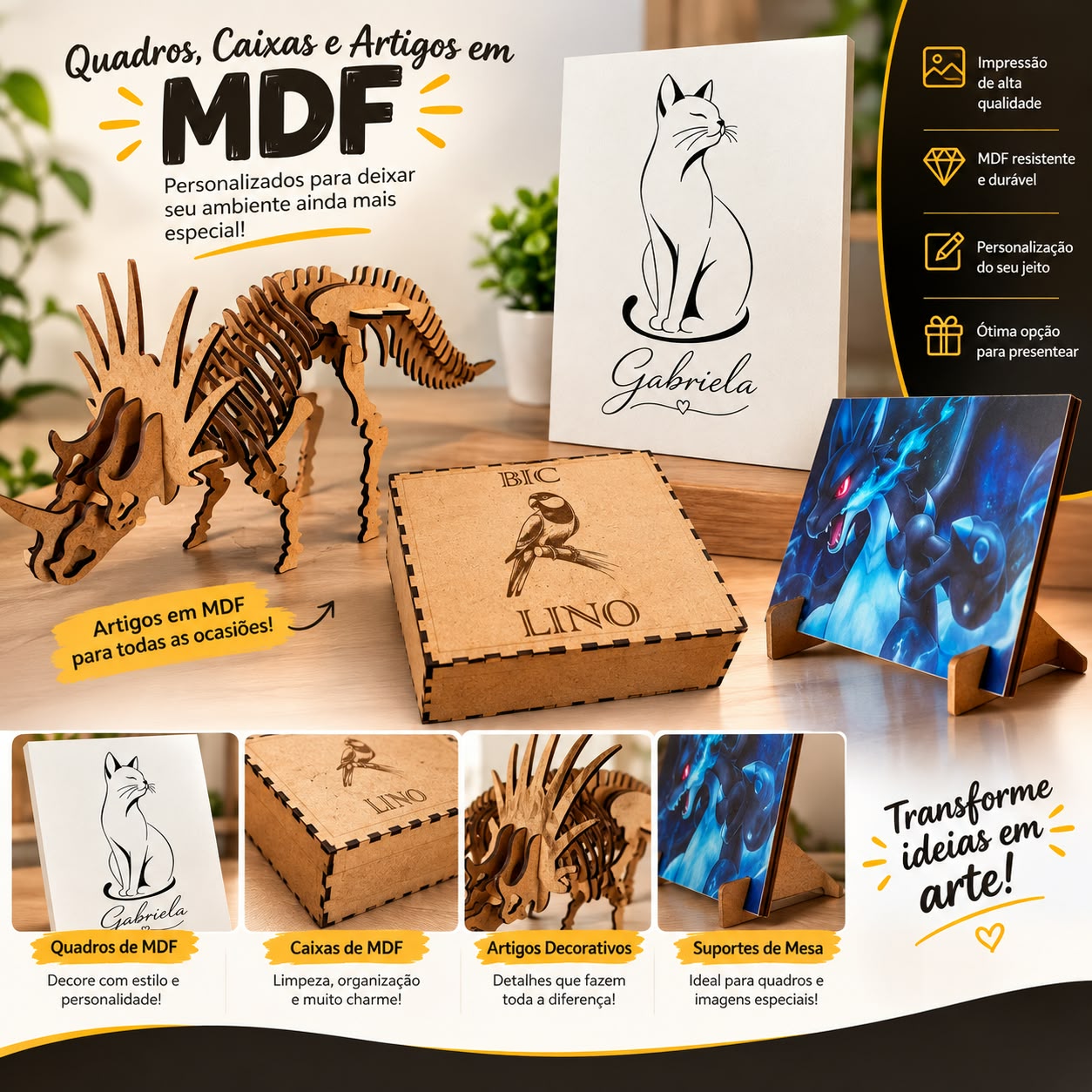 Quadros, caixas e artigos em MDF